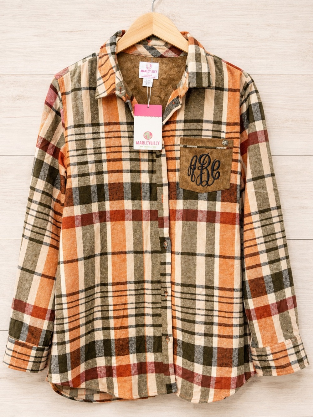 Marleylilly Plaid Button Front Flannel Shirt Jacket NWT Monogrammed